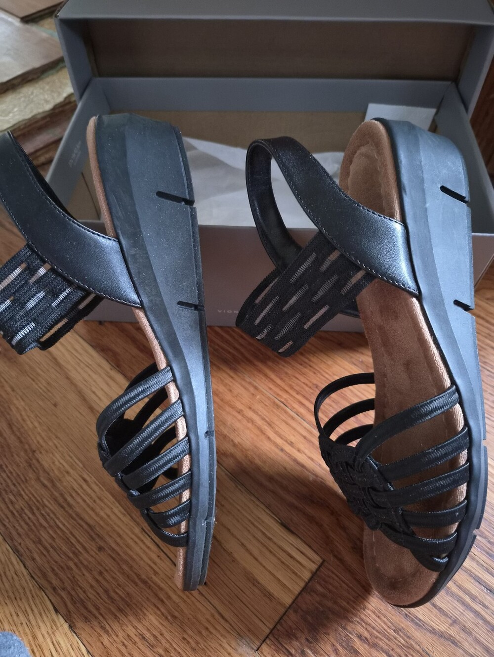 Vionic Black Strappy Wedge Sandals with Brown Footbed